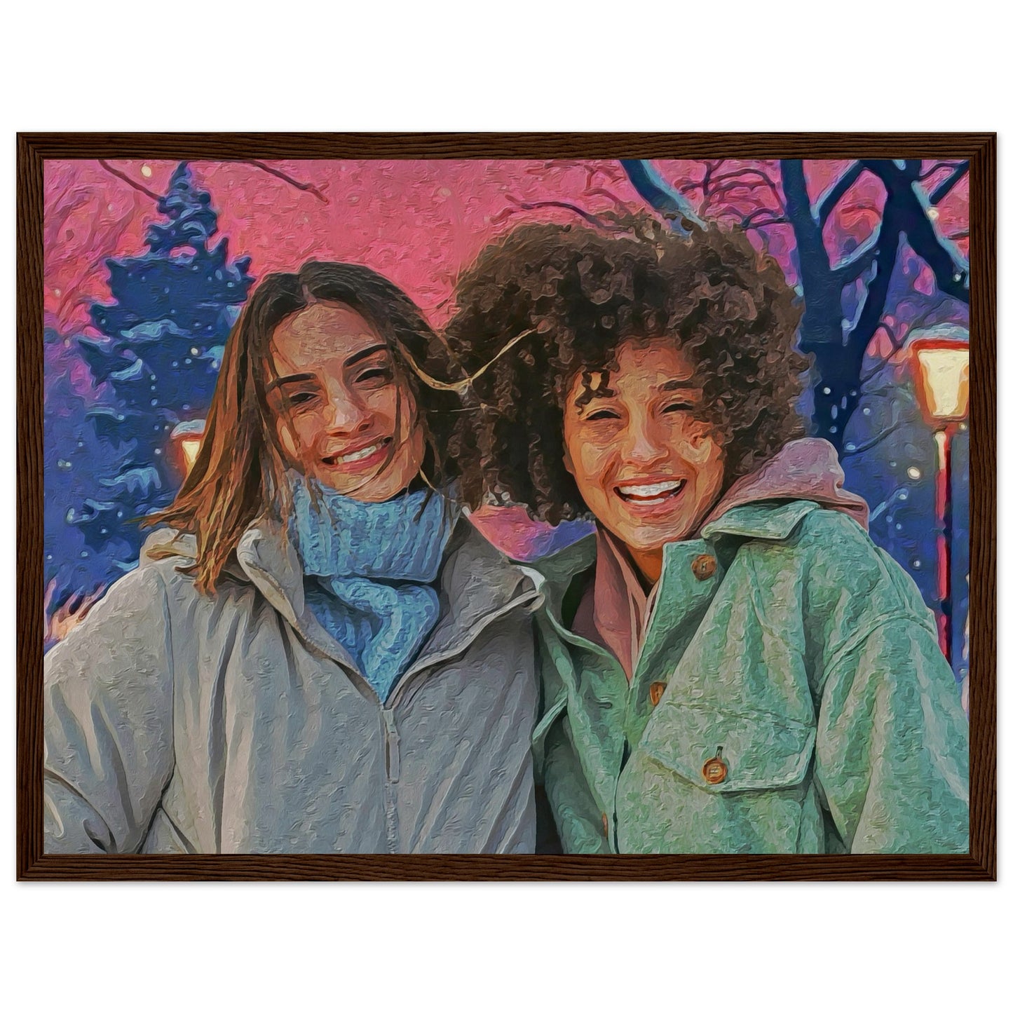 Personalized winter art print featuring a couple enjoying a snowy landscape, perfect for couples looking for unique holiday home decor. This custom Christmas painting captures the beauty of the season and makes a heartfelt gift for any couple celebrating the holidays.