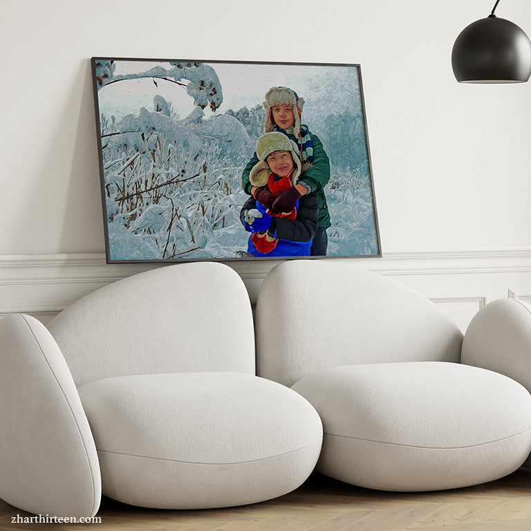 Personalized family portrait art featuring a loving family in their cozy living room. This custom wall art is the perfect addition to your home decor and makes a thoughtful gift for family gatherings, celebrating warmth and togetherness.