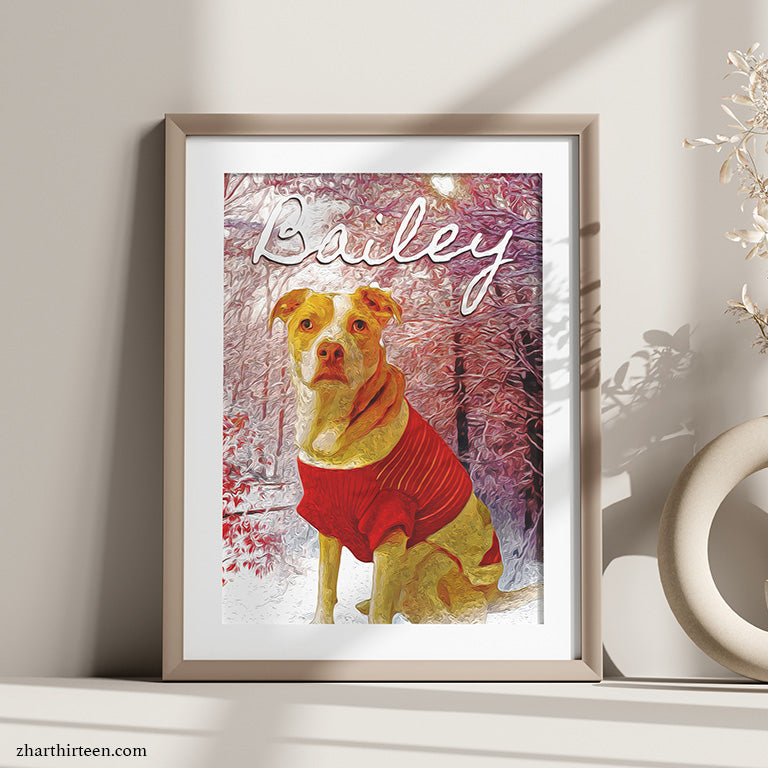 Unique dog wall art, featuring a realistic pet portrait in a cozy home setting. This custom art print is perfect for dog lovers who want to celebrate their pet's personality and charm with personalized decor.