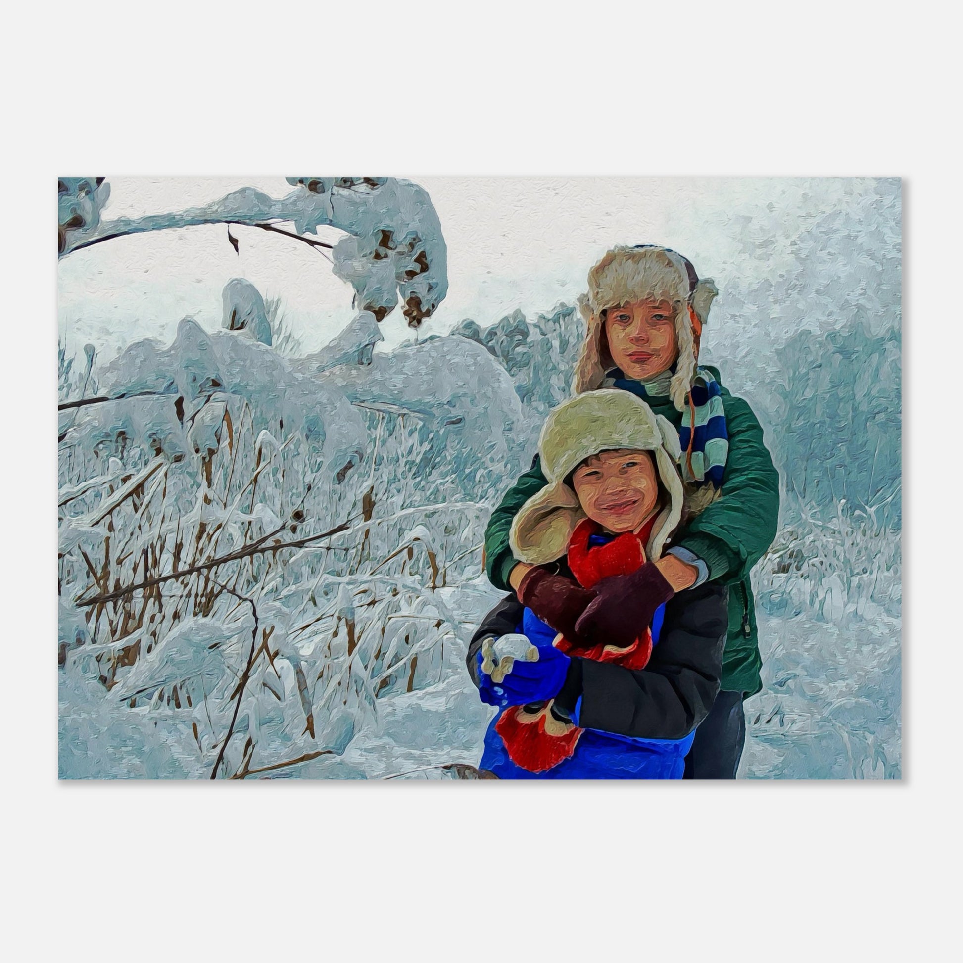 Custom family holiday portrait featuring siblings enjoying a winter landscape. This personalized art print is ideal for family gifts, especially for siblings or relatives, offering a unique and sentimental way to celebrate togetherness this season.