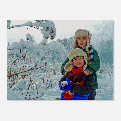 Heartwarming custom painting of a sibling duo in a snowy winter landscape. This personalized art print makes a thoughtful gift for siblings, capturing the spirit of family and the joy of the holiday season in a beautiful and unique way